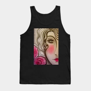 art deco pink lady girl doll dolly face rose pink grey Tank Top